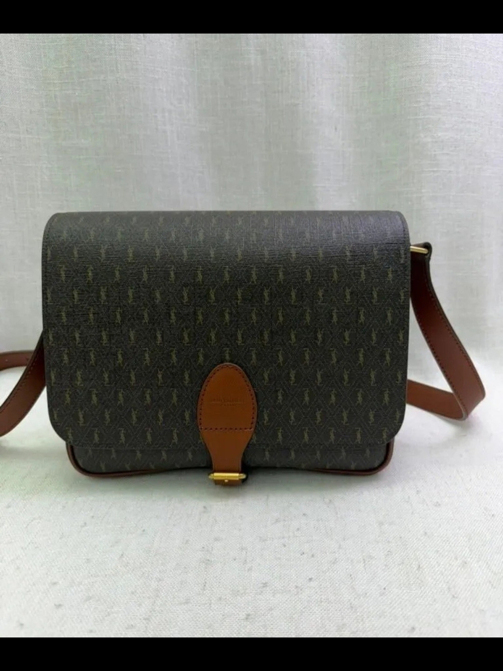 Saint Laurent Brown Monogram Leather Crossbody with Tan Strap
